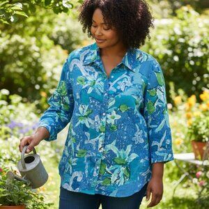 Chaps Tropical Floral Button Top Womens Size 1X  Blue Green Hawaiian Colorful